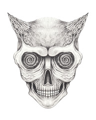 Art Surreal Devil Skull Tattoo.Hand drawing on paper.