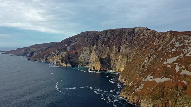 Aerial of Slieve League Cliffs are among the highest sea cliffs in Europe rising 1972 feet or 601 meters above the Atlantic Ocean - County Donegal, Ireland