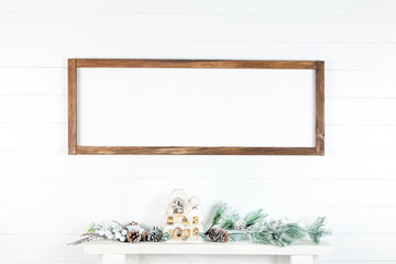 8 x 24 Christmas Frame Mockup on a Light Background, Horizontal Wooden Sign Mockup