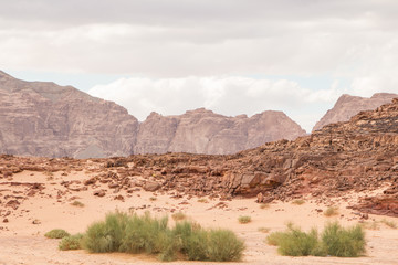 Fototapeta na wymiar Desert, red mountains, rocks and cloudy sky. Egypt, color canyon.