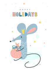 Happy Holidays greeting card with cute mouse or rat.Concept, vector vertical editable template. The symbol of the year in the Chinese calendar. Cartoon. Vector illustration