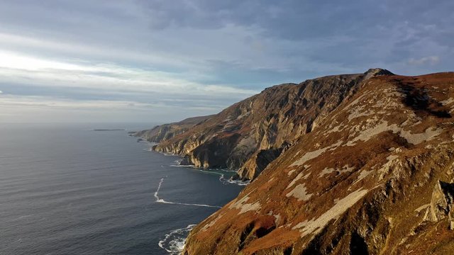 Aerial of Slieve League Cliffs are among the highest sea cliffs in Europe rising 1972 feet or 601 meters above the Atlantic Ocean - County Donegal, Ireland