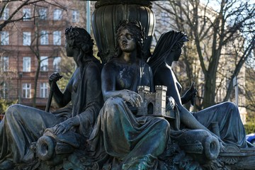 Wrangelbrunnen, a fountain in Berlin-Kreuzberg, built in 1877 by Hugo Hagen. Four figures personifying the four rivers Rhine, Weichsel (Vistula), Elbe and Oder. Built in marble, granite and bronze