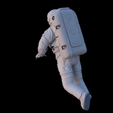 Flying Astronaut, Back View, Isolated On Black Background 