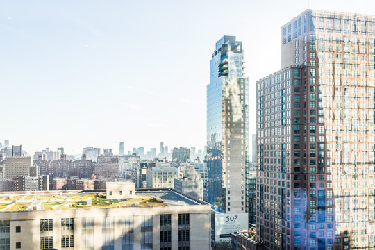 New York City, USA - October 27, 2017: Aerial View Of Urban Cityscape, Skyline, Rooftop Garden Building Skyscrapers In NYC Chelsea West Side