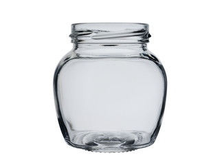 Empty opened jar from transparent glass. Isolated on a white background