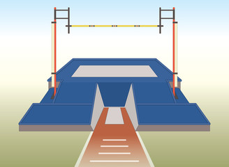 pole vaulting landing pad and pit with sky and grass background