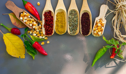 Assortment of herbal spices and fresh vegetables on bright wooden background. Corn, pumpkin seeds,...