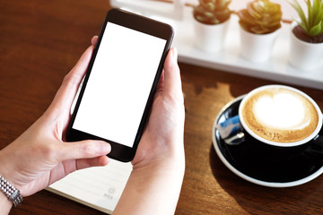 Cropped shot view of business woman’s hands holding the mobile phone with blank copy space screen for your information content or text message, the woman reading text message on the smart phone .