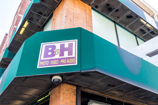 New York City, USA - October 30, 2017: Closeup of BH B&H Photo Video Audio equipment famous store sign in NYC Manhattan