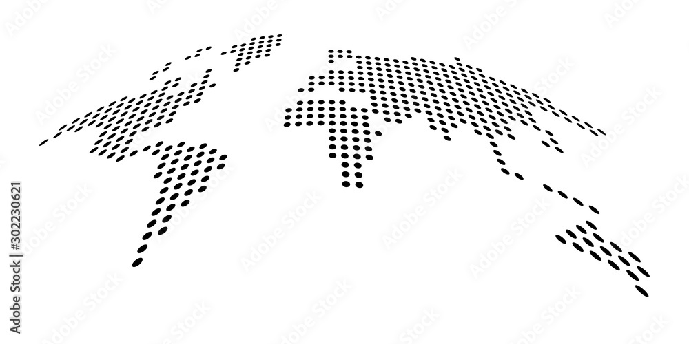 Poster dotted map of world. side view distortion. black vector dots on white background
