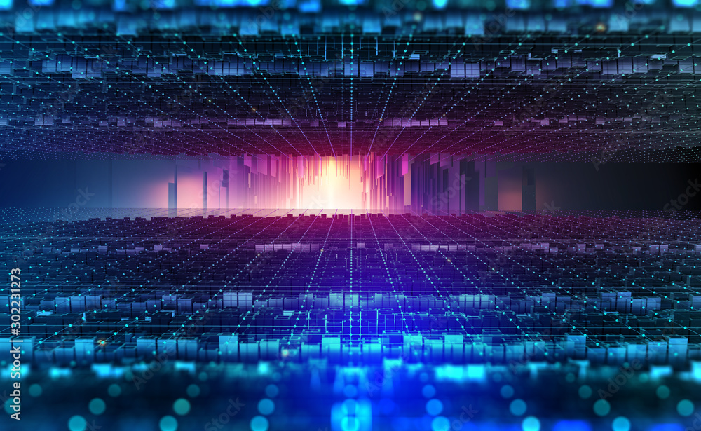 Poster Digital city, Big Data. Cybercity 3D illustration. Wireless internet technologies. Database protection and secure transmission of information on blockchain network