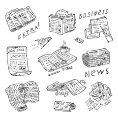 Newspaper vector icons. Newspapers set: stacks and rolls of newspapers and magazines - Hand Drawn Doodles illustration 