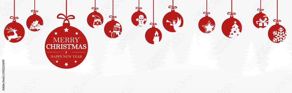 Wall mural hanging baubles with christmas icons and greetings