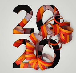 Happy New Year, 2020. Holiday event sign. Creative typography with colorful streamers. Chapter in presentattion. Calendar design. Festive banner or cover design. Illustration.