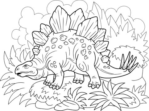 Cartoon prehistoric dinosaur stegosaurus, coloring book, funny illustration
