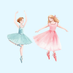 Watercolor vector retro cute dancing girls ballet nutcracker ballerina clip art isolated illustrations © zenina