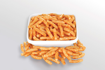 Fried and Spicy Stick, Sali Sev, noodles, Snacks or Fryums (Snacks Pellets) White background. selective focus - Image