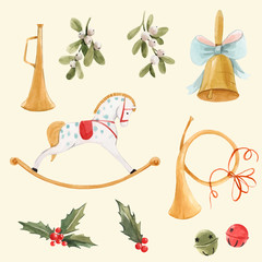 Watercolor vector nice christmas set with baby rocking horse golden bell trumpet holly flowers and berries isolated elements