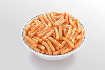 Fried and Spicy Stick, Sali Sev, noodles, Snacks or Fryums (Snacks Pellets) White background. selective focus - Image