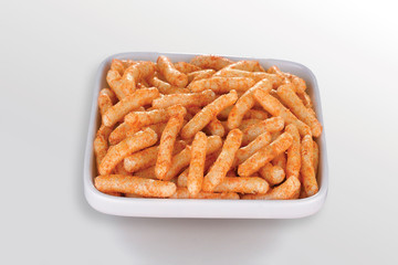 Fried and Spicy Stick, Sali Sev, noodles, Snacks or Fryums (Snacks Pellets) White background. selective focus - Image