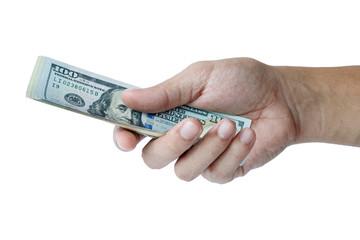 Hand hold and give US dollar banknote on white background. cash and payment concept.
