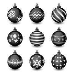set of black christmas bauble isolated on white background