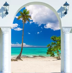 Printed roller blinds Descent to the beach door open palm beach