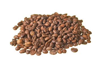 Heap of roasted coffee beans isolated on white background without shadow. Close-up