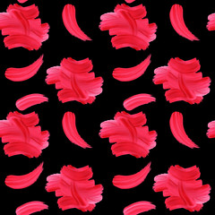 Hand drawn seamless pattern paint brush red ink strokes on black background. Design for textile, wrapping, wallpaper
