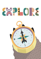 Illustration with a hand holding a compass on a white background with the lettering Explore. Vector illutration in a Scandinavian style.