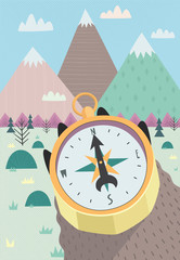 Illustration with a hand holding a compass on the background of mountains in a Scandinavian style. Vector illutration.