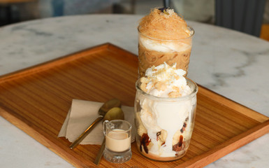Iced coffee with cotton candy, vanilla ice cream with cookies crumble