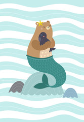 Illustration with the bear mermaid holding a cute little sea lion. Vector illustration in a Scandinavian style.