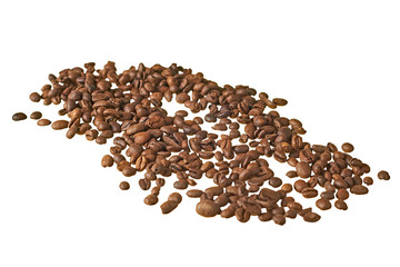 Many scattered roasted coffee beans isolated on white background without shadow. Close-up