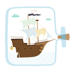 Illustration with a sailing ship in a bottle. Vector illustration in a Scandinavian style on a white background. 