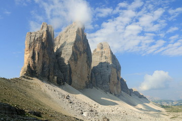 The three peaks of Lavaredo, also called the Drei Zinnen, are three distinctive battlement-like peaks, in the Sexten Dolomites of northeastern Italy.  They are probably one of the best-known mountain 