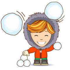 Happy ginger boy playing snowball
