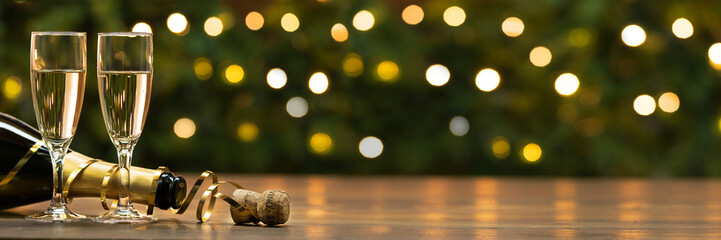 New year banner, Champagne lights bokeh background
