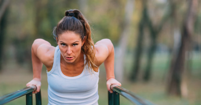 Exercising on Parallel Bar, Outdoor Gym