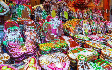 Fototapeta na wymiar One of the most traditional sweet treats which are gingerbread pictured at the Christmas Market in Riga, Latvia. They can be found in different sizes and icing.