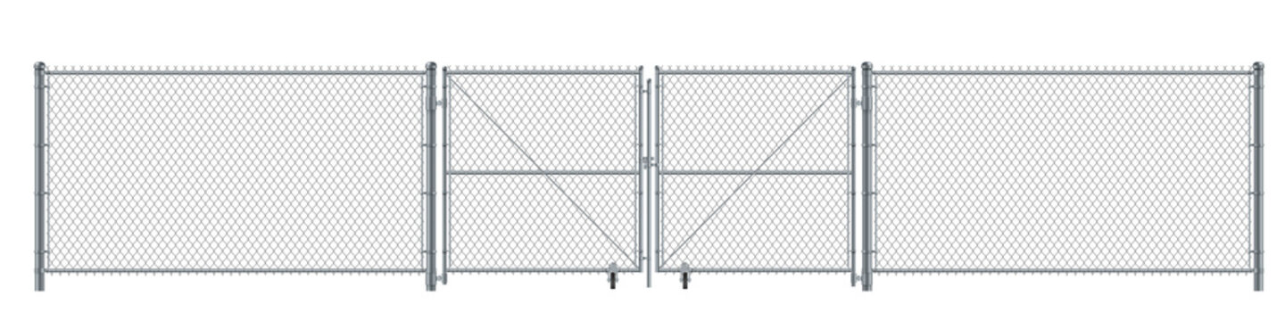 Realistic metal wire fence and gate. Prison barrier or security fence.