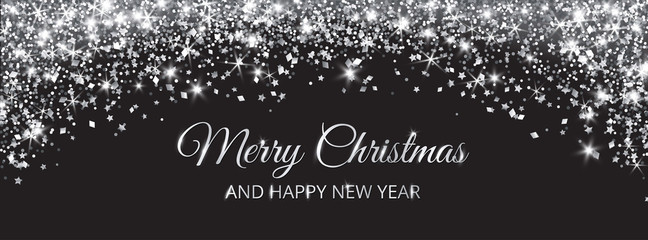 Merry Christmas and New Year banner. Silver glitter decoration