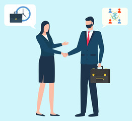 Agreement between business leaders vector, flat style characters working on projects together. Director and secretary with briefcase and time, globe icon and network social activity of users