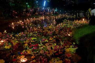 Bangkok, Thailand, November 11, 2019. Loy Krathong festival. Offerings made by Thai people floating in the lagoon in Lumpini Park