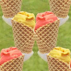 Ice cream in a waffle cone, in hand