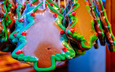 Gingerbread cookies at Christmas market, Germany in Europe in winter. German Night street Xmas and...