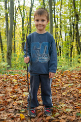 A boy with a wooden stick is walking along a forest path on a sunny day