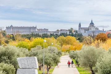Fotobehang Royal Palace and Almudena Cathedral with trees with autumn color in Madrid © josevgluis