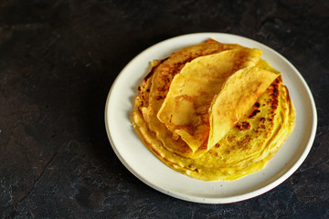 pancakes fritter (delicious dessert or breakfast snack) menu concept. food background. top view. copy space
